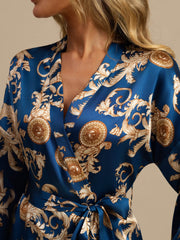 Pure Silk Dragon Print 3/4 Sleeve Women's Kimono Robe With Belt