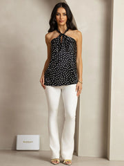 19Momme Silk Sleeveless Polka Dot Halter Neck Twist Top with Back Button Closure