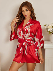 19Momme Women's Pure Silk Crane Print 3/4 Sleeve Short Kimono Robe