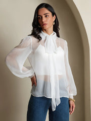 Pure Silk Chiffon Women's Lantern Sleeve Tie Neck Sheer Blouse