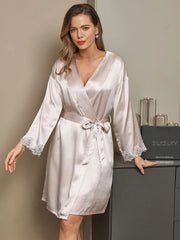 Pure Silk Lace Short Nightgown&Robe Set with Split Design