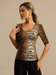 Pure Silk Women's Half Sleeve Scoop Neck Wild Animal Print Top
