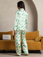 Women's Pure Silk Green Floral Print Long Sleeve Notch Collar Pajamas Set