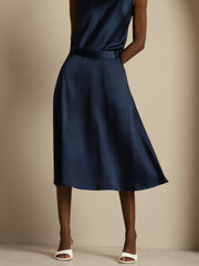 19Momme Silk High-Waist A-Line Midi Skirt with Pockets