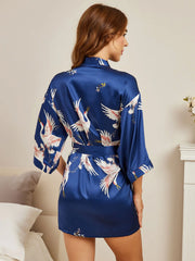 19Momme Pure Silk Crane Print 3/4 Sleeve Short Women's Kimono Robe