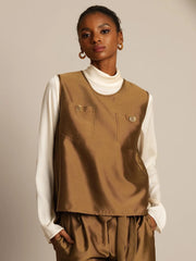 32Momme Silk-Wool Blend Women's Vest with Button Pocket Design