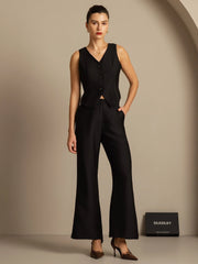 32Momme Silk-Wool Blend High Waist Micro-horn Wide Leg Women's Pants with Side Pockets Design