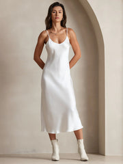 Pure Silk Spaghetti Strap V Neck Midi Dress