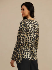 19Momme Silk Women’s Leopard Print Boat Neck Long Sleeve Blouse