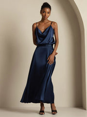 19Momme Silk Cowl Neck Spaghetti Strap Camisole Top & A Line Maxi Skirt