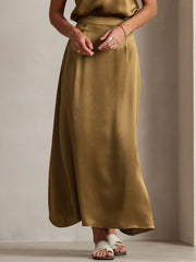 Clearance(US Warehouse) - 19Momme Silk A Line Maxi Skirt with Zipper Design