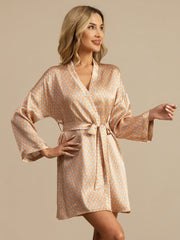 Pure Silk Women’s Long Sleeve Heart Geo Printed Short Belted Robe