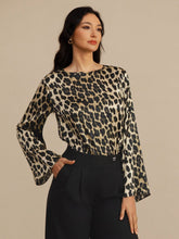 19Momme Silk Women’s Leopard Print Boat Neck Long Sleeve Blouse