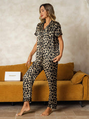 Women's Pure Silk Leopard Print Short Sleeve Notch Collar Pajamas Set With Pants