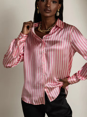 19Momme Silk Stripe Print Long Sleeve Lapel Collar Women's Shirt