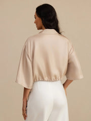 Pure Silk Women's Half Sleeve Cropped Blouse With Drawstring Hem