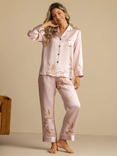19Momme Pure Silk Crane Print Women's Long Sleeve Notch Collar Pajamas Set