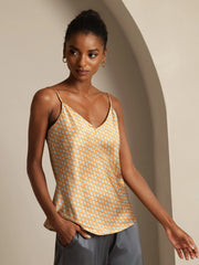 Pure Silk Geometric Print Spaghetti Strap V Neck Camisoles