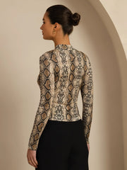 Pure Silk Wild Animal Print Women's Long Sleeve Mock Neck Top