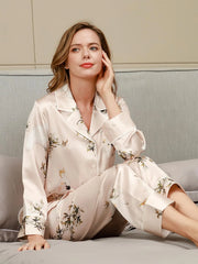 Women's Pure Silk Floral Print Long Sleeve Pajamas Set With Pants