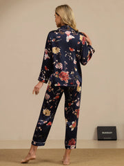 Women's Pure Silk Navy Floral Print Long Sleeve Notch Collar Button Up Pajamas Set
