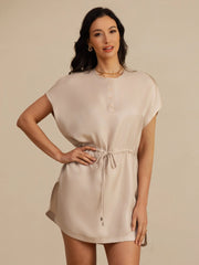 Pure Silk Henley Neck Cap Sleeve Short Dress With Drawstring