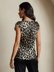 19Momme Silk Leopard Print Cap Sleeve Round Neck Women's Top