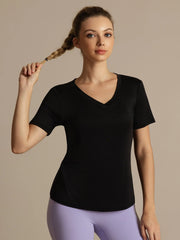 Pure Silk Women's V Neck Short-Sleeve Snag-Resistant Sport T-Shirt