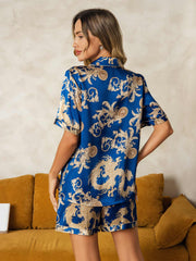 Women's Pure Silk Dragon Print Short Sleeve Notch Collar Pajamas Set With Shorts