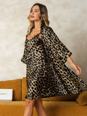 Pure Silk Leopard Print Short Nightgown&Robe Set