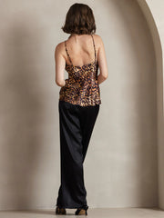 Pure Silk Leopard Print Spaghetti Strap V Neck Camisoles Top