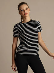 Pure Silk Short Sleeve Round Neck Women's Stripe Sport T-shirt