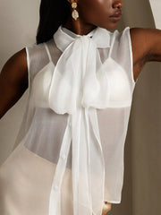 Pure Silk Chiffon Women's Sleeveless Tie Neck Sheer Blouse