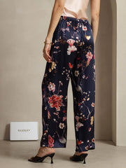 19Momme Silk Navy Floral Print Wide Leg Women's Pants With Side Pockets Design