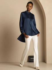 19Momme Silk Women’s Stand Collar High-Low Blouse With Button Detail