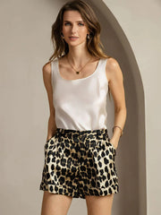19Momme Women's Silk Leopard Print Cuffed Shorts With Side Pockets Design