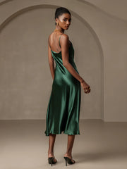 Pure Silk Spaghetti Strap Cowl Neck Bias Midi Dress with Split Design