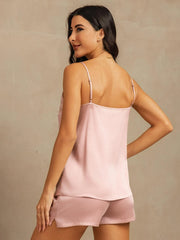 19Momme Washable Silk Spaghetti Strap Round Neck Camisole Set with Side Pocket Design