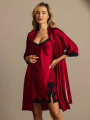 Pure Silk Basic Lace Trimmed Split Nightgown&Robe Set 2Pcs