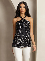 19Momme Silk Sleeveless Polka Dot Halter Neck Twist Top with Back Button Closure
