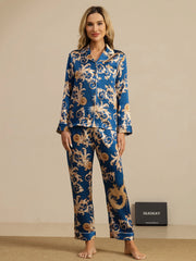 Pure Silk Dragon Print Long Sleeve Notch Collar Women's Pajamas Set With Pants