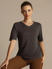 Pure Silk V-Neck Women's Half Sleeve Sport T-Shirt