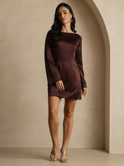 19Momme Silk Long Sleeve Boat Neck Short Dress