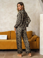 Women's Pure Silk Leopard Print Long Sleeve Notch Collar Pajamas Set With Pants