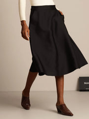 32Momme Silk-Wool Blend A Line Midi Skirt with Zipper Deign