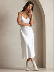 Pure Silk Spaghetti Strap V Neck Midi Dress