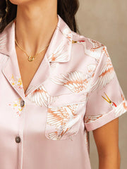 19Momme Women's Pure Silk Crane Print Short Sleeve Notch Collar Pajamas Set