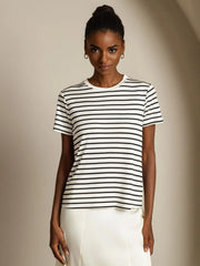 Pure Silk Crew Neck Short Sleeve Women's Sport Stripe Print T-Shirt