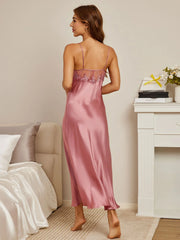 Pure Silk Spaghetti Strap V-neck Midi Nightgown with Lace Design