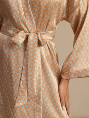 Pure Silk Women’s Long Sleeve Heart Geo Printed Short Belted Robe